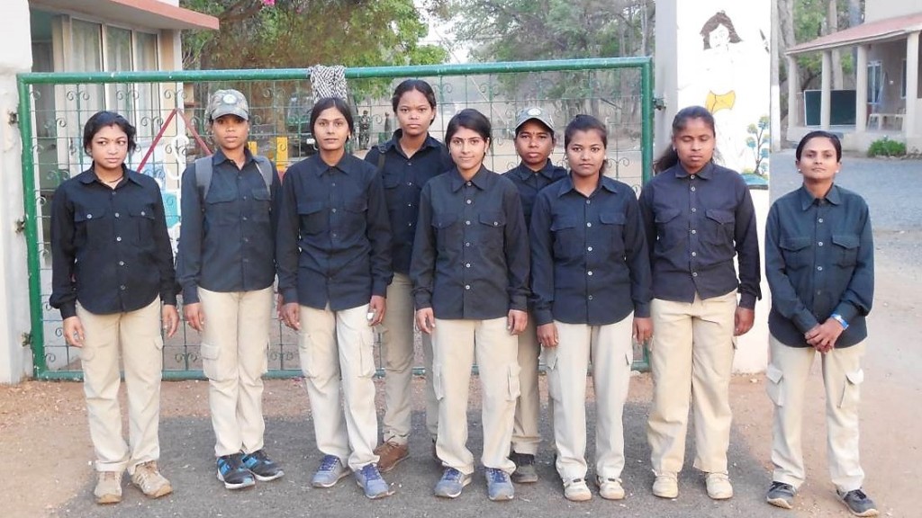 A group of women safari guides poses for a photo at Pench Tiger Reserve in central Madhya Pradesh state, India on May 19, 2016. Photo credit: Satpuda Foundation http://satpuda.org