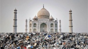 India's beautiful iconic Taj Mahal and a pile of waste. Combines right-free images by Roney John (Taj Mahal) via Pexels and MrsBrown (the waste) via Pixabay.