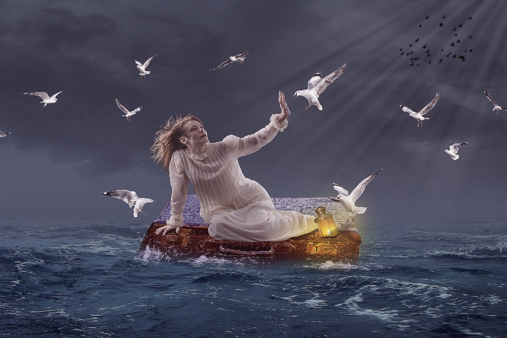 Illustration of woman on suitcase in stormy sea being attacked by gulls. By unknown (CC0) via pxfuel https://www.pxfuel.com/en/free-photo-qgjsy