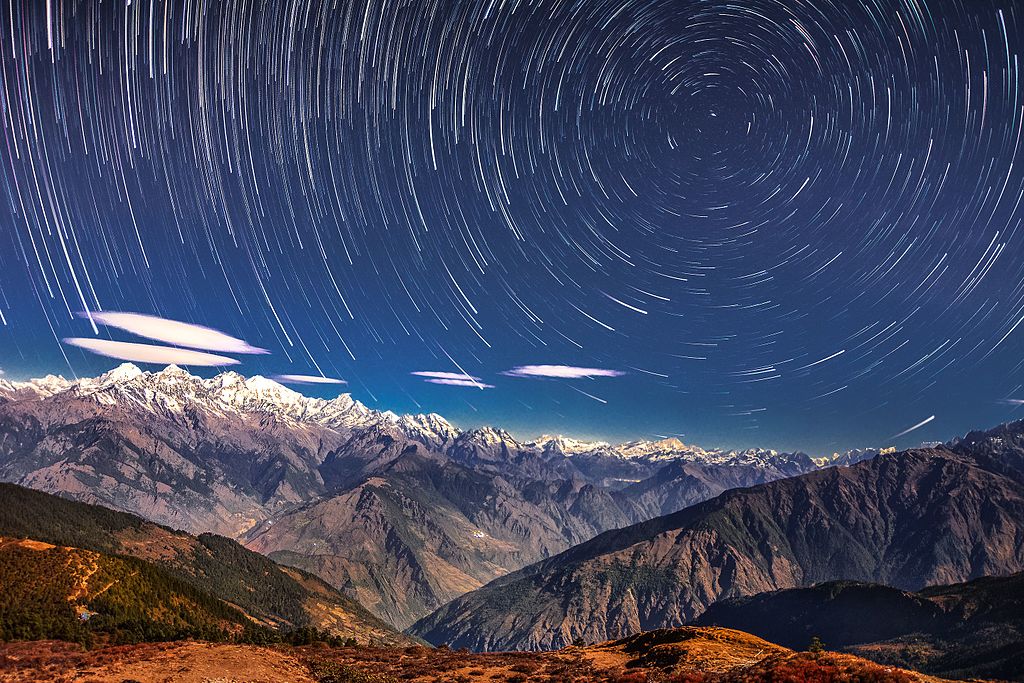 Starry night in Langtang National Park, Nepal's first Himalayan national park and the country's fourth protected area. Image by Q-lieb-in (CC BY-SA 4.0) via Wikimedia. https://commons.wikimedia.org/wiki/File:Starry_night_in_Langtang_National_Park.jpg