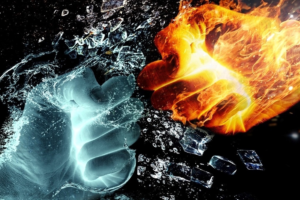 Fire vs ice. Image by thommas68 (CC0) via Pixabay. https://pixabay.com/illustrations/fire-and-water-fight-hands-fire-2354583/