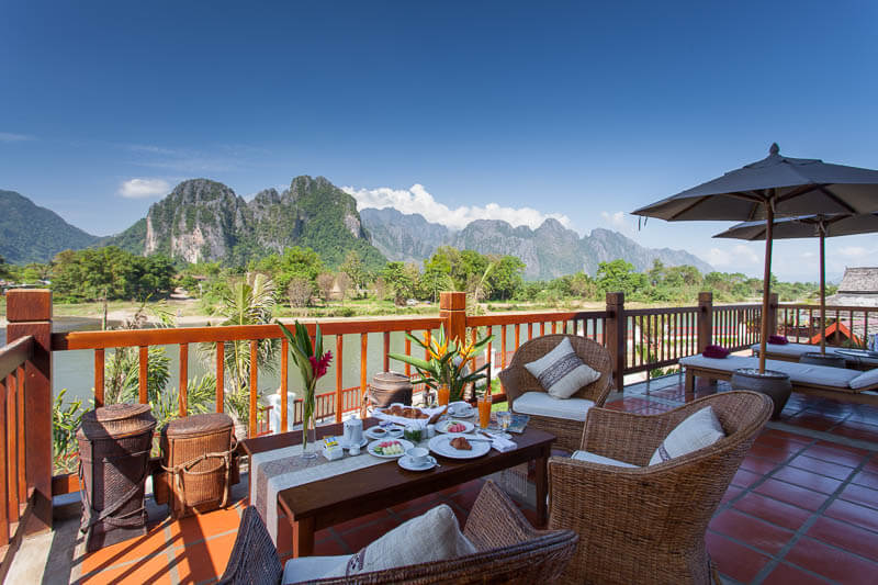 A meal with a Vang Vieng view Riverside Boutique Resort, Vang Vieng, Laos