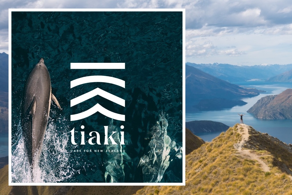 Dolphin tiaki promise inset within a view from Roy’s Peak, Wanaka, New Zealand. Photo by Jasper van der Meij (CC0) via Unsplash. https://unsplash.com/photos/k7D1O46HPwA