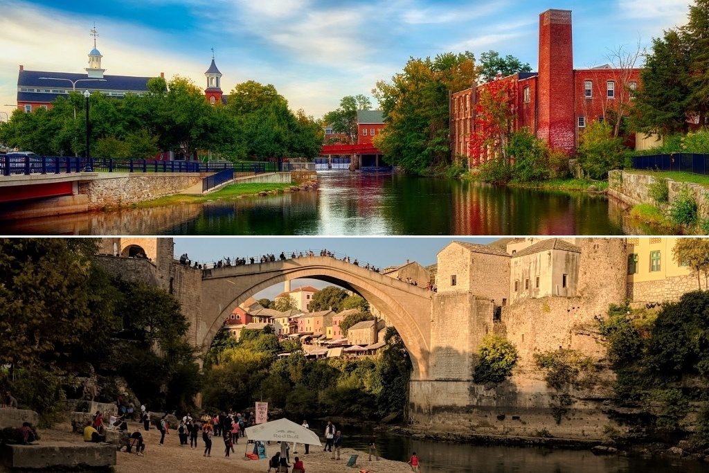 The Winnipesaukee River in Laconia, New Hampshire, USA ((CC0) Pixabay) and Stari Most over the Neretva River in Mostar, Bosnia and Herzegovina ((c) Jada Lindblom)