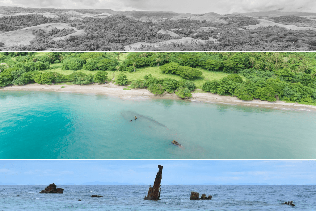 Kinugawa Maru, Japanese supply vessel wrecked at Guadalcanal, Solomon Islands. Top image by Gilly Tanbose (CC0) via Unsplash. Bottom image by author.