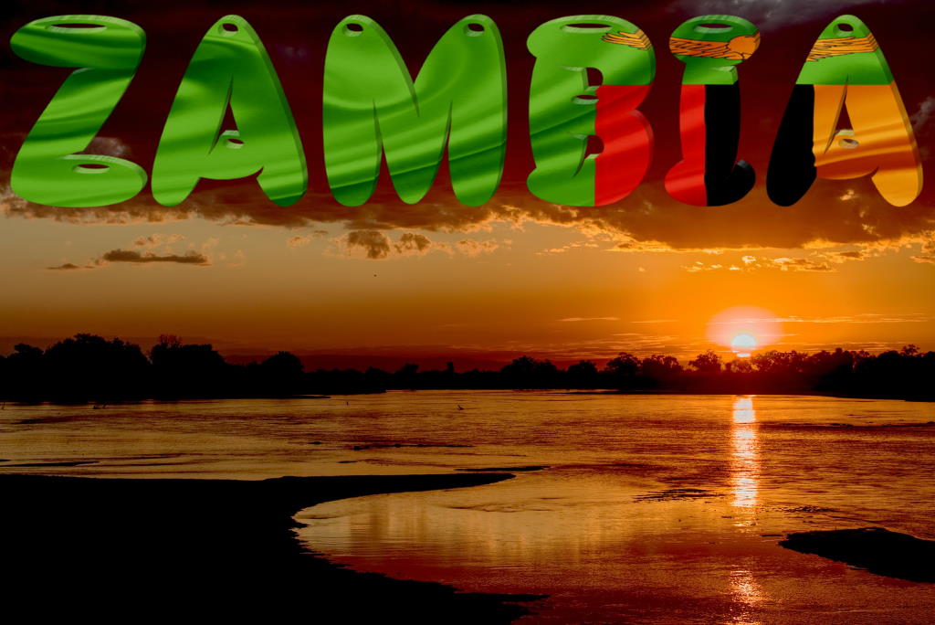 Sunset over the Luangwa River, a tributary of the Zambezi. Photo by Ian McGrory (CC0) via Unsplash. https://unsplash.com/photos/62CtkV44DuY Zambia wordmark by syafrani_jambe (CC0) via Pixabay. https://pixabay.com/illustrations/state-international-flag-zambia-2732088/