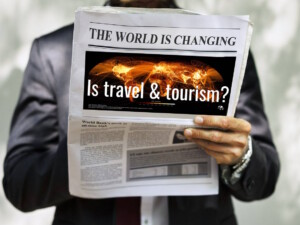 The world is changing. Is travel & tourism destination management? Individual holding newspaper by Gerd Altmann (CC0) via Pixabay. https://pixabay.com/illustrations/businessman-newspaper-read-world-4929680/ Superimposed on top is aviation’s CO2 emissions in 2018, an image by @PythonMaps. "GT" added the words "Is travel & tourism?"