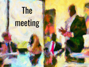 An impressionist painting of a business meeting in a boss office by DALL-E