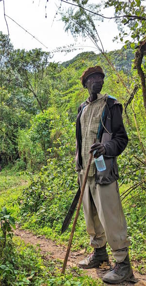 Mutwa guide Yohana Biraro in the Echuya Forest Reserve. Image courtesy of Nomadic Skies.