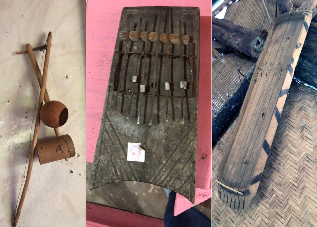 Appreciate Rwandan culture and traditions at Red Rocks Cultural Campsite, including traditional musical instruments: (L-R) umuduri (drum), ikembe (thumb piano), and inanga (zither)