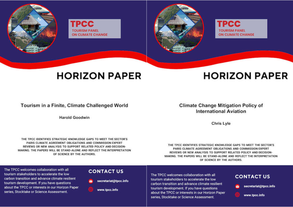 The covers of TPCC's Horizon Papers: ‘Tourism in a Finite Climate-Challenged World’ by Professor Harold Goodwin and ‘Climate Change Mitigation Policy of International Aviation – a Critical Assessment’ by Chris Lyle