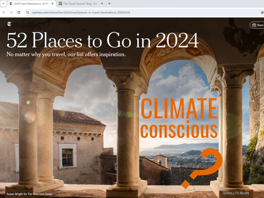 Herb Hiller offers a "climate-conscious" reading of 'The New York Times' list of '52 Places to Go in 2024. This is a screen snip of a cover page of the online article. "GT" added "CLIMATE conscious?"