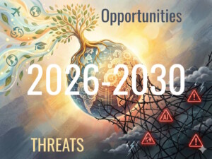 Tourism, capitalism, & the coronavirus crisis: What is to be (un)done? 6 Tourism’s biggest threats, opportunities: five years to 2030. A Gemini-generated image. "GT" added the words.